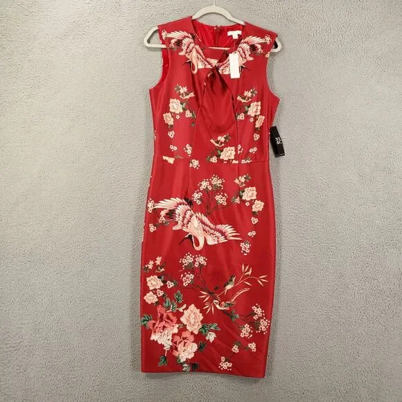 New York & Company Dress Womens Medium Tall Red Birds Floral Stretch NWT - Picture 1 of 13